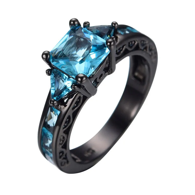 Black Gold Filled Jewelry New Fashion Geometric Design Light Blue CZ Ring Vintage Wedding Rings For Women