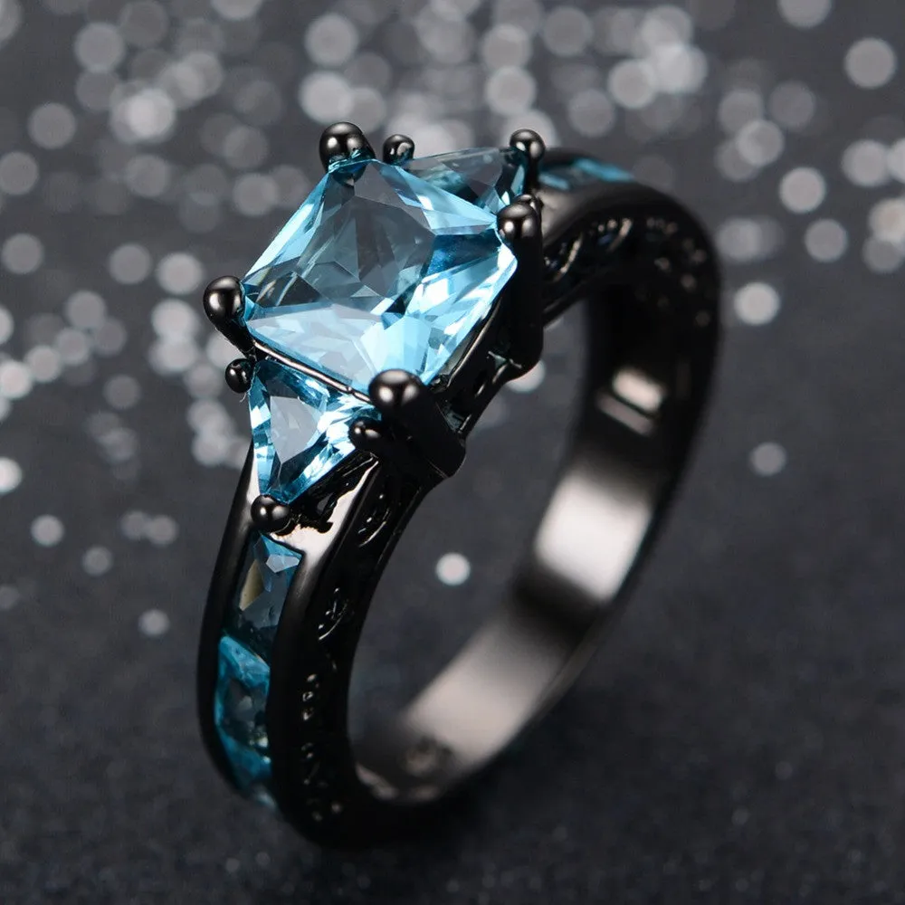 Black Gold Filled Jewelry New Fashion Geometric Design Light Blue CZ Ring Vintage Wedding Rings For Women