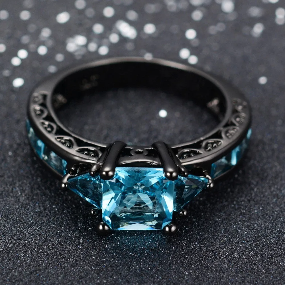 Black Gold Filled Jewelry New Fashion Geometric Design Light Blue CZ Ring Vintage Wedding Rings For Women