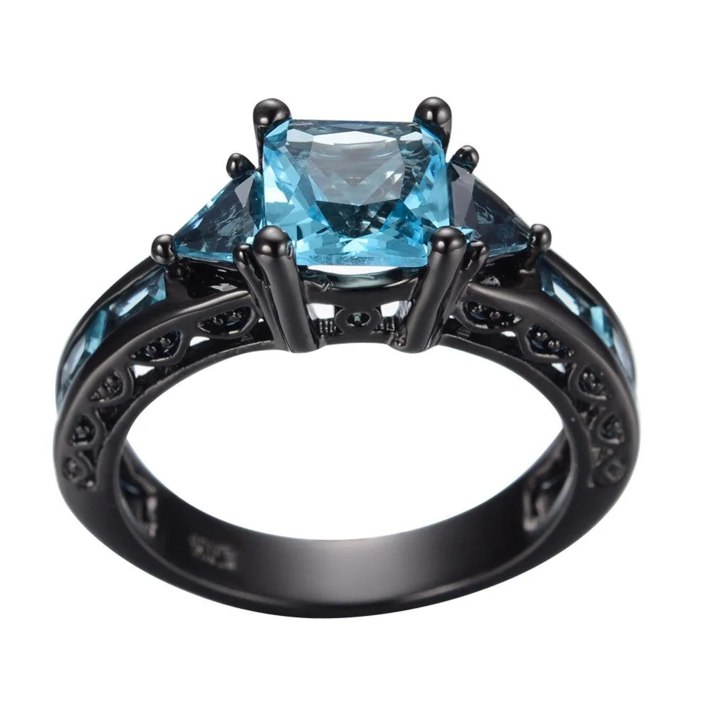 Black Gold Filled Jewelry New Fashion Geometric Design Light Blue CZ Ring Vintage Wedding Rings For Women