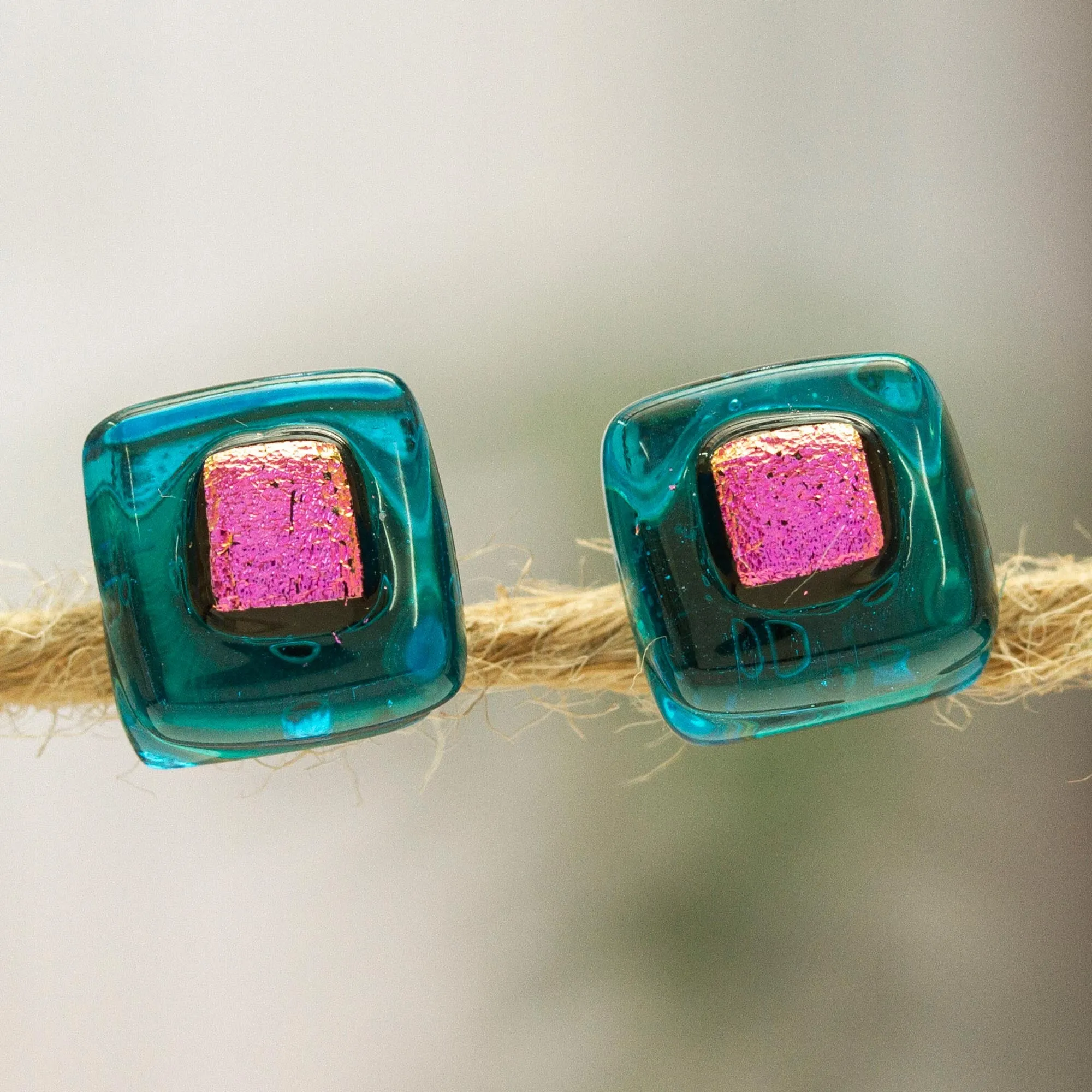 Blue & Pink Fused Glass Mosaic Stud Earrings from Mexico - Blue & Rose Mosaic | NOVICA