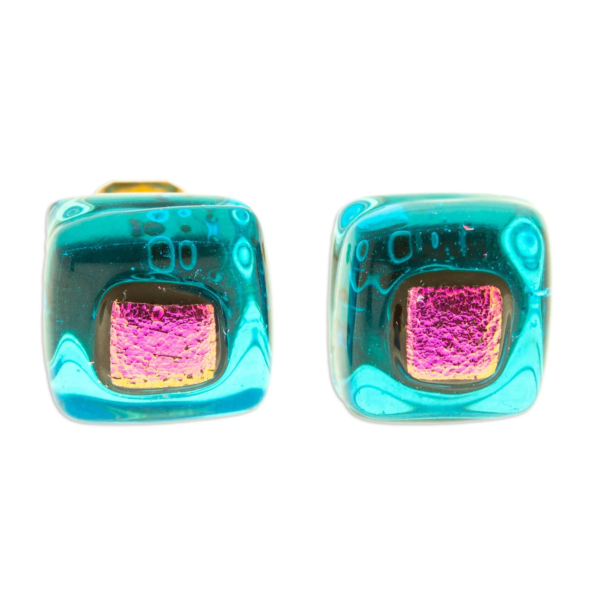 Blue & Pink Fused Glass Mosaic Stud Earrings from Mexico - Blue & Rose Mosaic | NOVICA