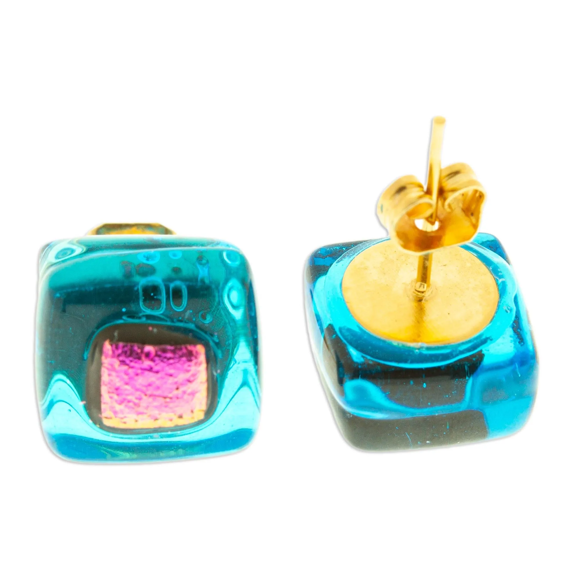 Blue & Pink Fused Glass Mosaic Stud Earrings from Mexico - Blue & Rose Mosaic | NOVICA