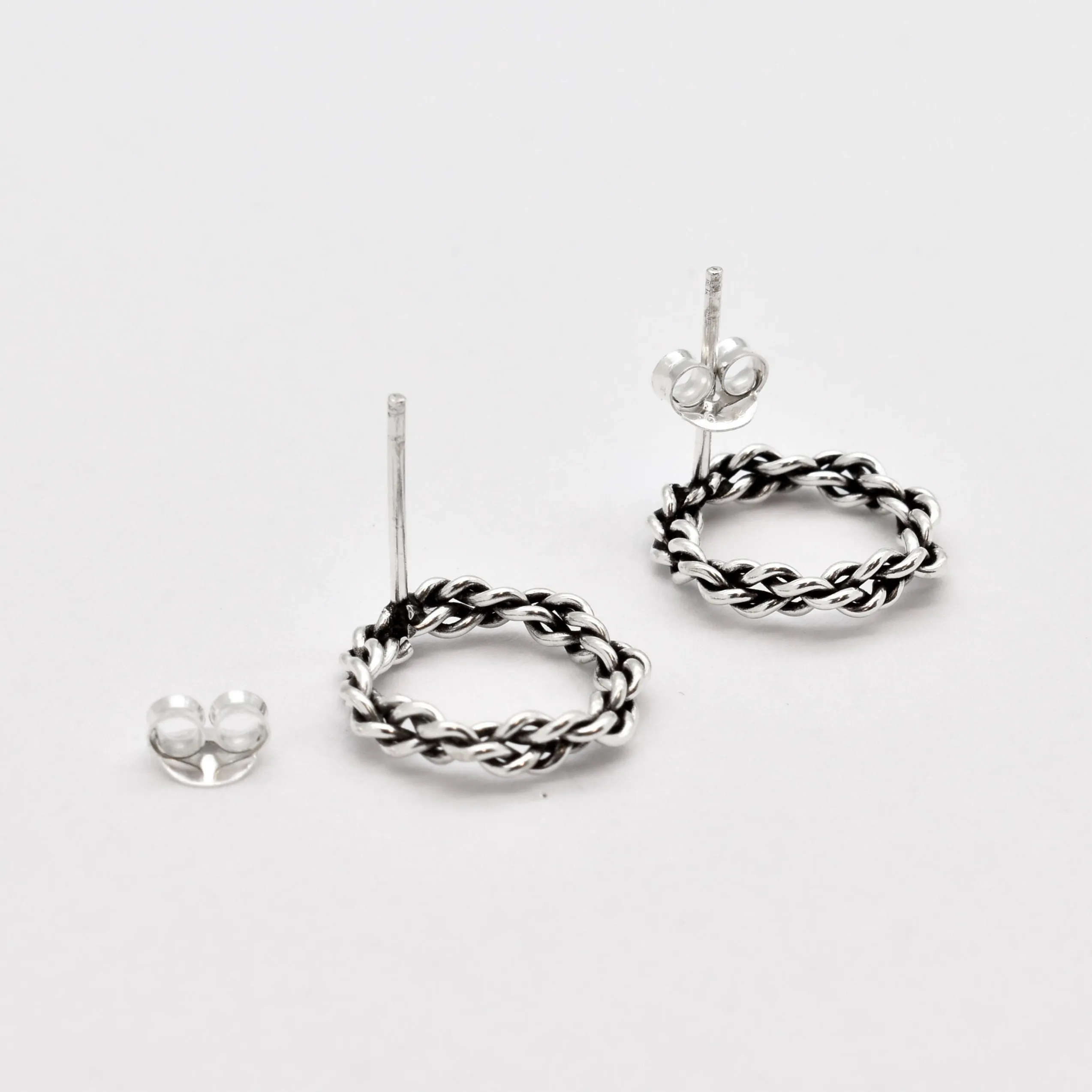 Braided Earrings - Circle Hoops -  Round Silver Earrings