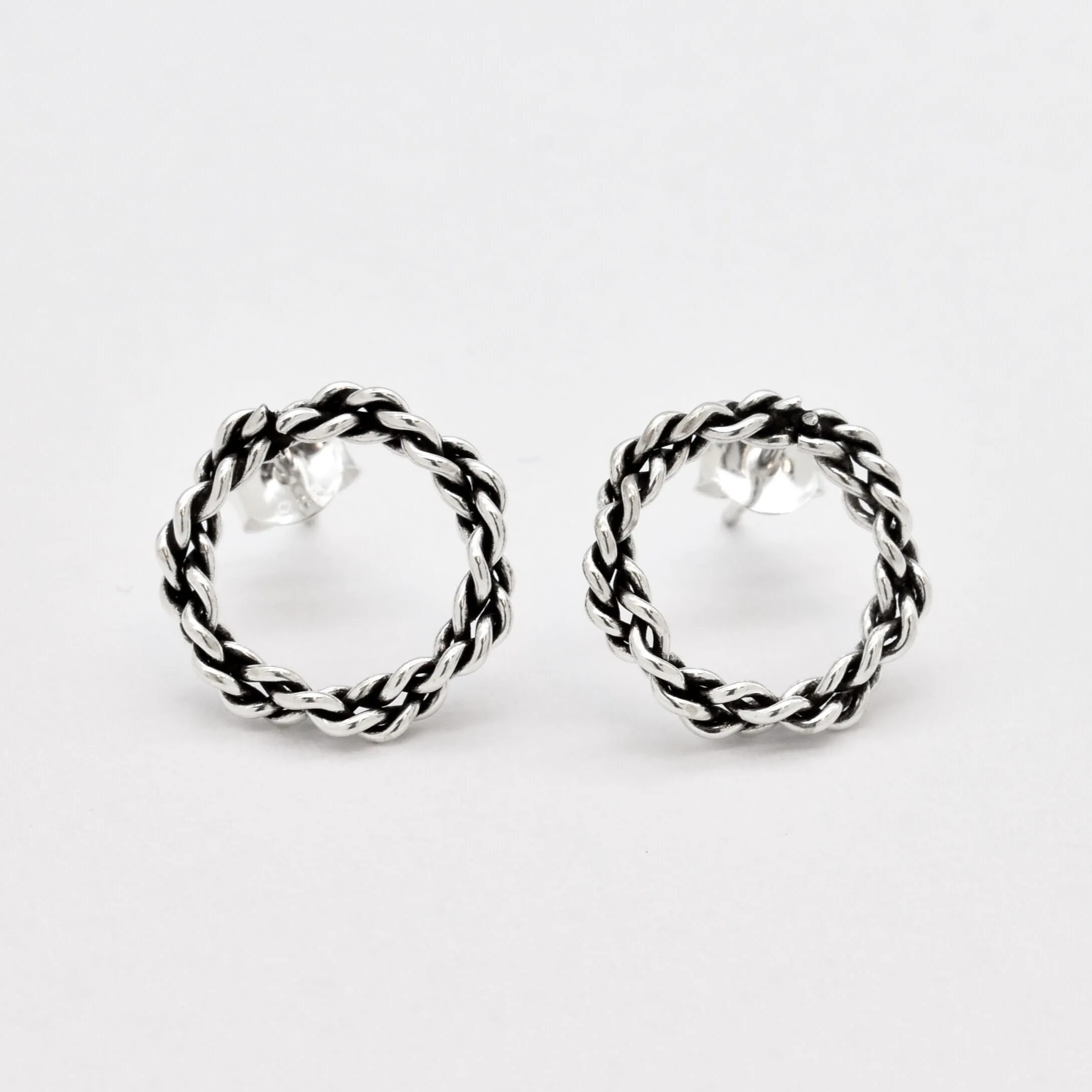 Braided Earrings - Circle Hoops -  Round Silver Earrings