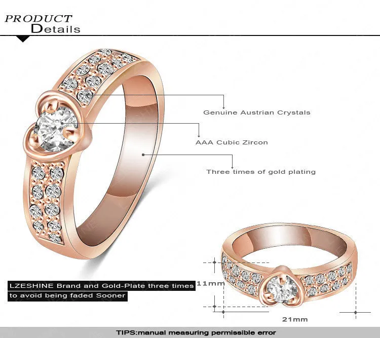 Brand Ring Romantic Rose Gold Plated Heart Rings With Genuine SWA Element Austrian Crystal