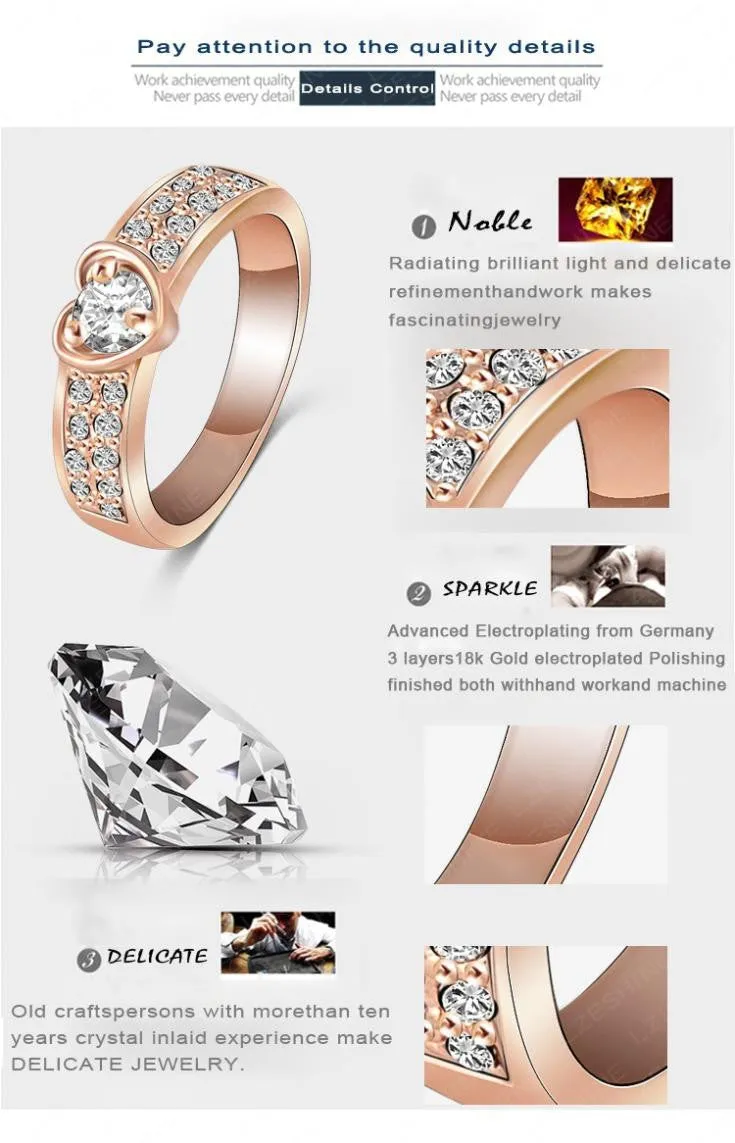 Brand Ring Romantic Rose Gold Plated Heart Rings With Genuine SWA Element Austrian Crystal