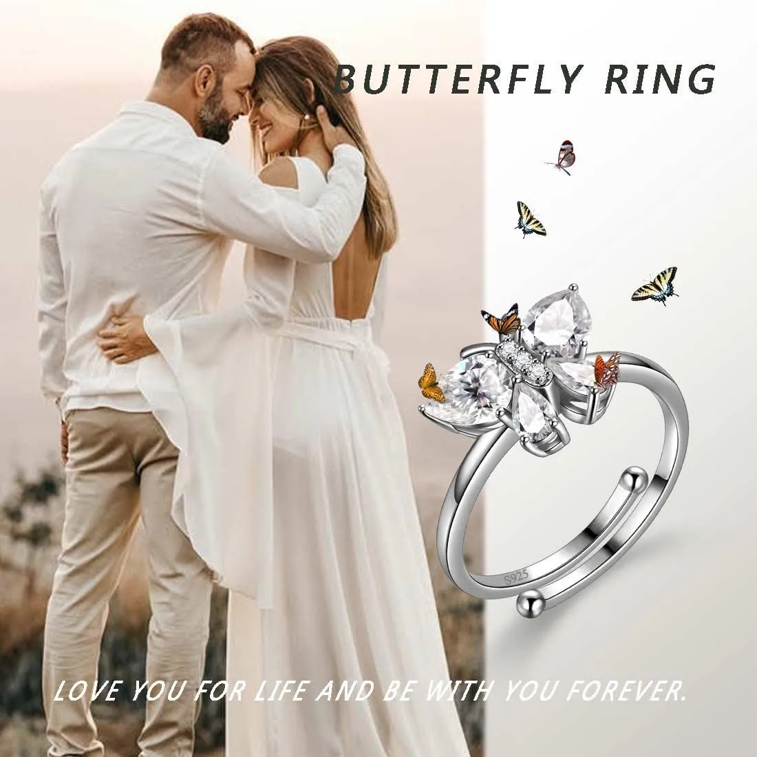 Butterfly Ring Band Birthstone April Diamond Women Girls Jewelry Birthday Gift