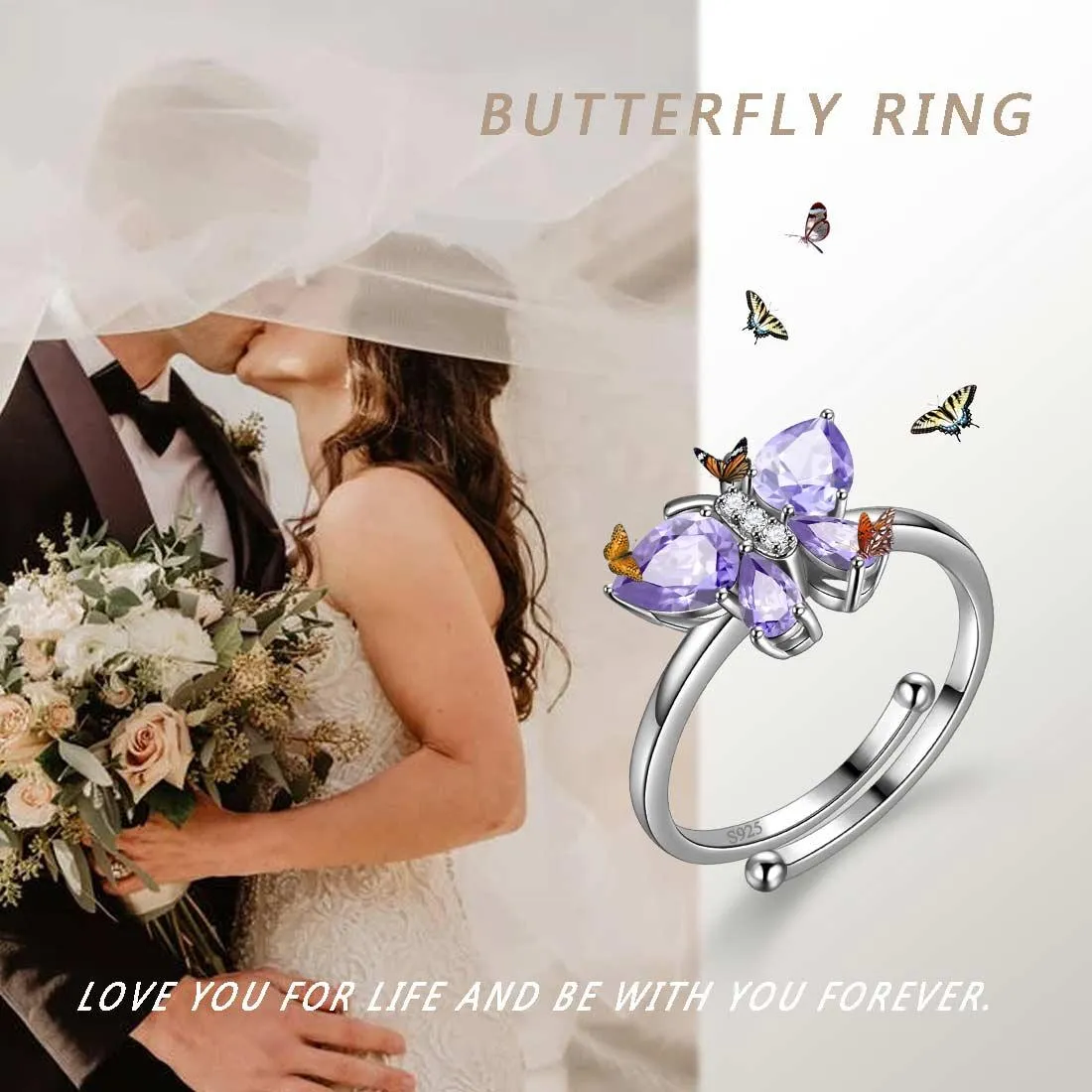 Butterfly Ring Band Birthstone June Alexandrite Women Girls Jewelry Birthday Gift