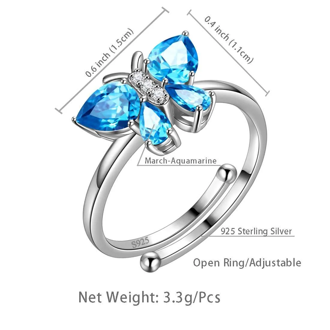 Butterfly Ring Band Birthstone March Aquamarine Women Girls Jewelry Birthday Gift