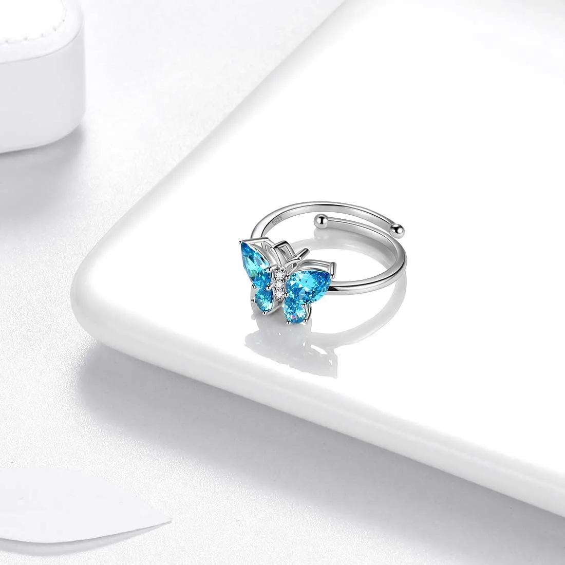 Butterfly Ring Band Birthstone March Aquamarine Women Girls Jewelry Birthday Gift