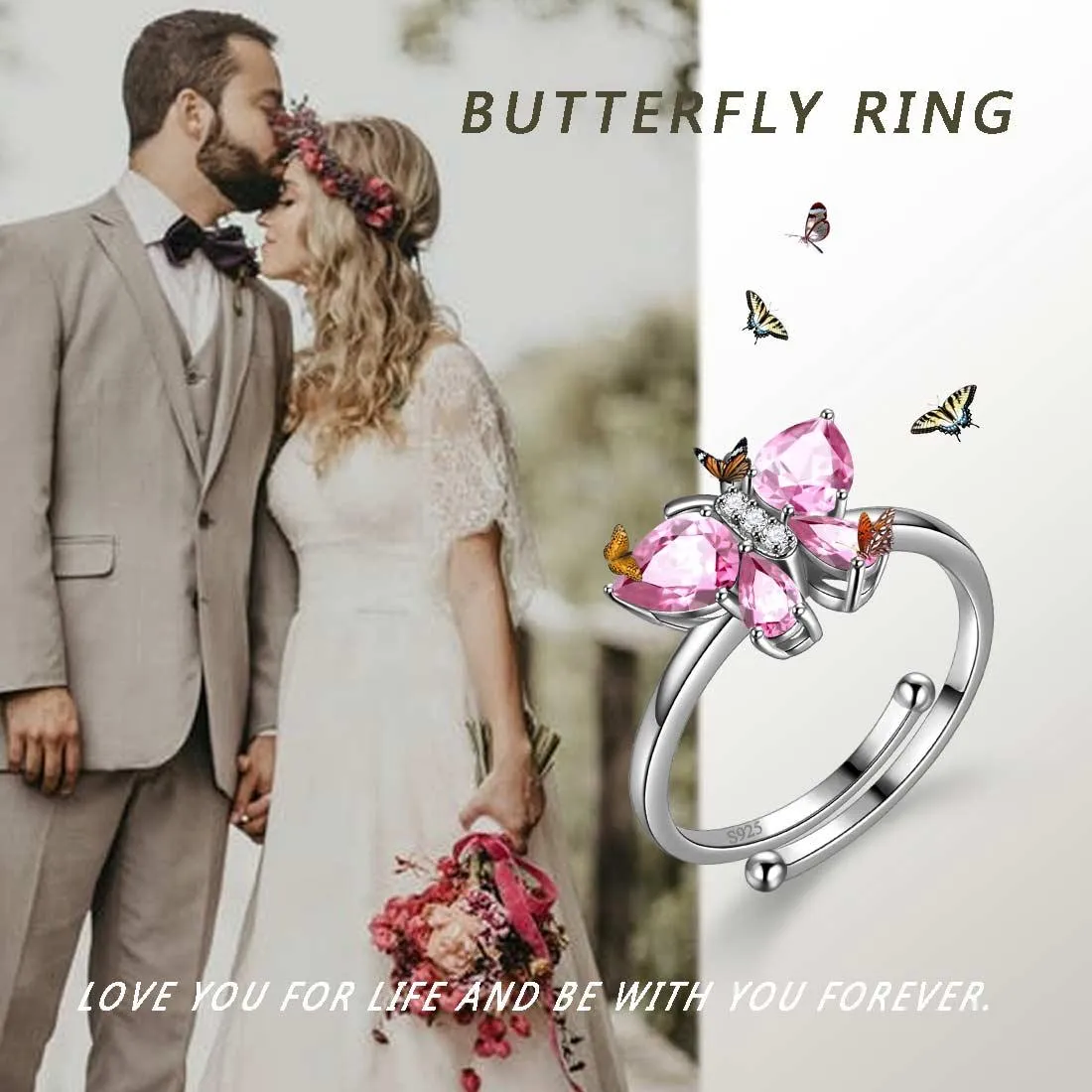 Butterfly Ring Band Birthstone October Tourmaline Women Girls Jewelry Birthday Gift