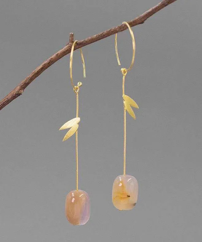 Chinese Style Gold Sterling Silver Overgild Water Drop Bamboo Leaf Drop Earrings AC1066