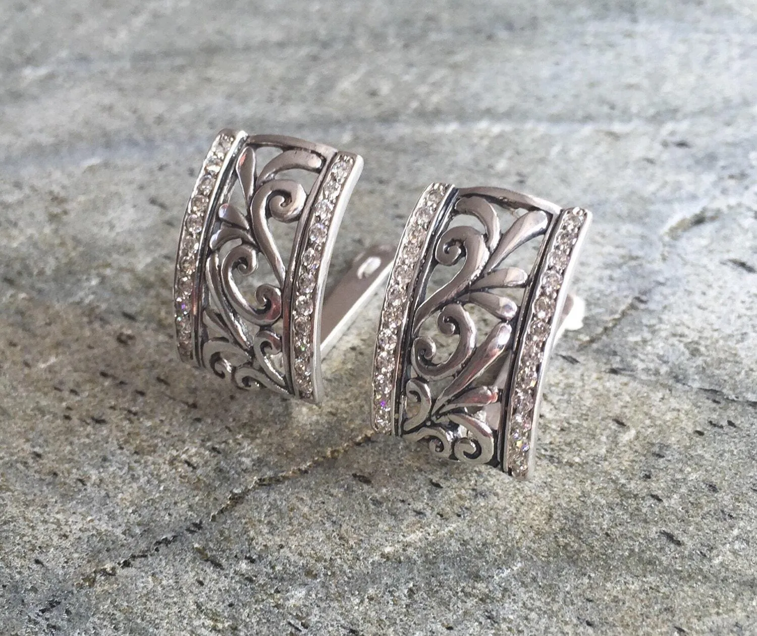 Chunky Diamond Earrings - Half Hoops Earrings - Filigree Statement Earrings