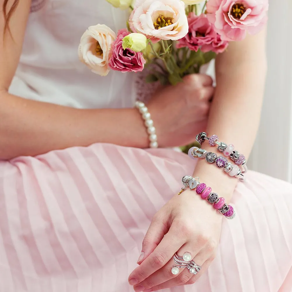 Classic Fashion Multi Strand Pearl Stretch Bracelet White Pink Beads 8-12MM