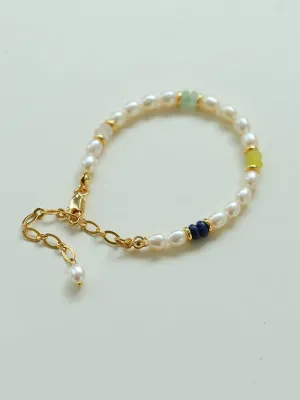 Colored Gemstone and Rice Pearl Beaded Bracelet