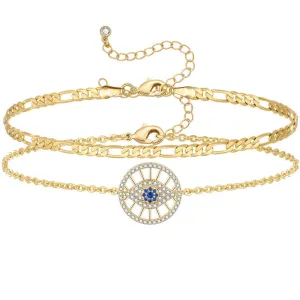 Dainty 14k Gold Plated Layering Evil Eye Anklets Set- Round Eyes Figaro