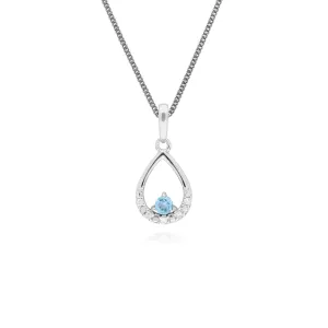 Damen 9 Karat Weiss Gold Einzeln Blue Topas & Diamant Birne-Anhänger an 45cm Kette