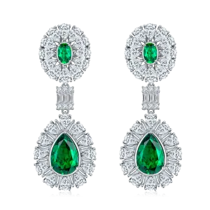 Elegant Double Halo Lab Created Emerald Drop Earrings in S925 Silver Plating