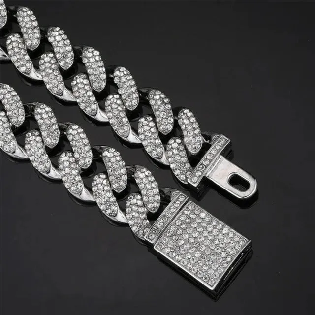 FEEL STYLE Male Zircon Silver Plated Figaro Chain Necklace for Men Teen 15MM 18"