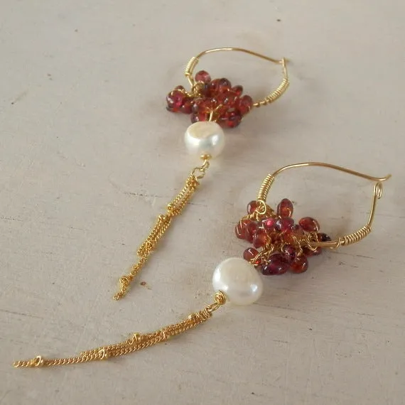 Garnet Pearl Cluster Hoop Earrings