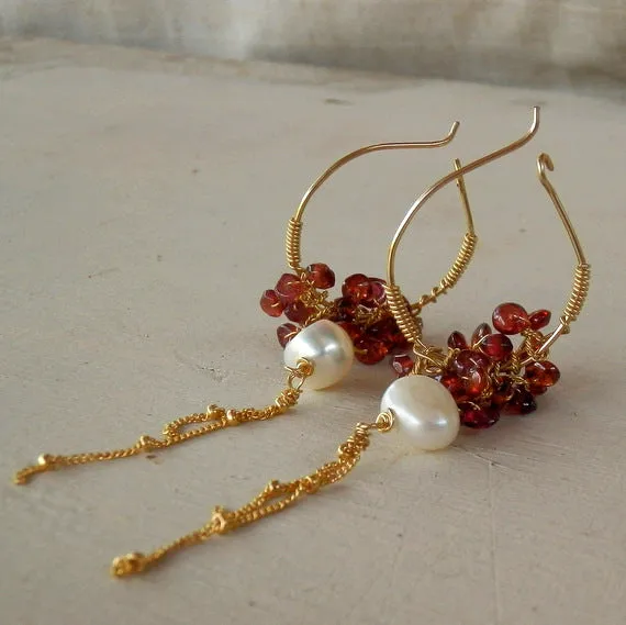 Garnet Pearl Cluster Hoop Earrings