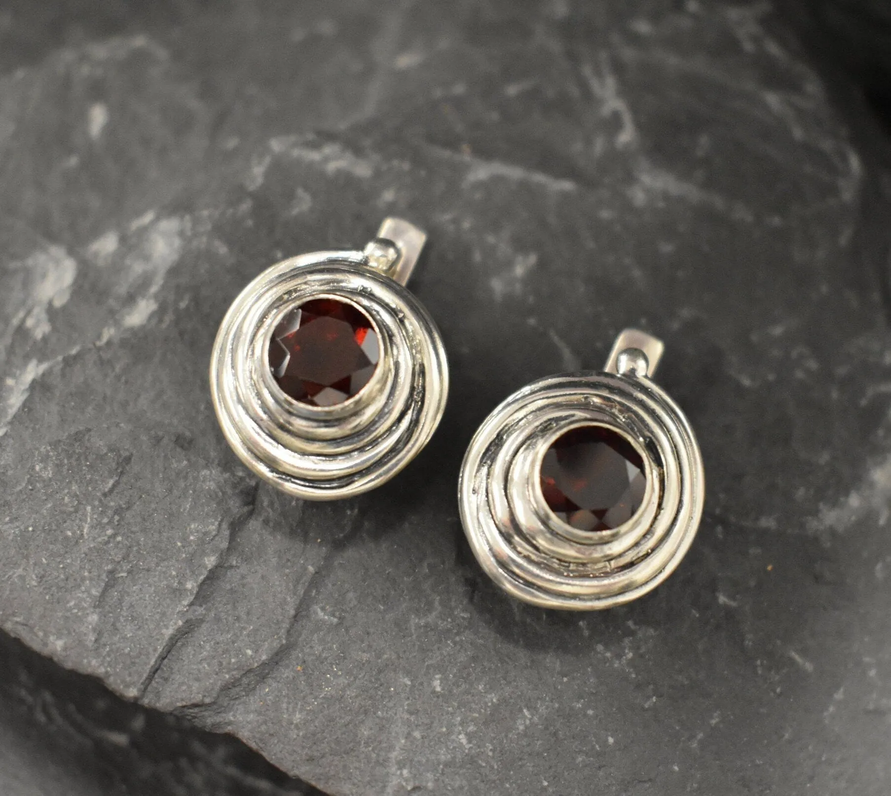 Genuine Garnet Earrings - Red Swirl Earrings - Large Spiral Studs