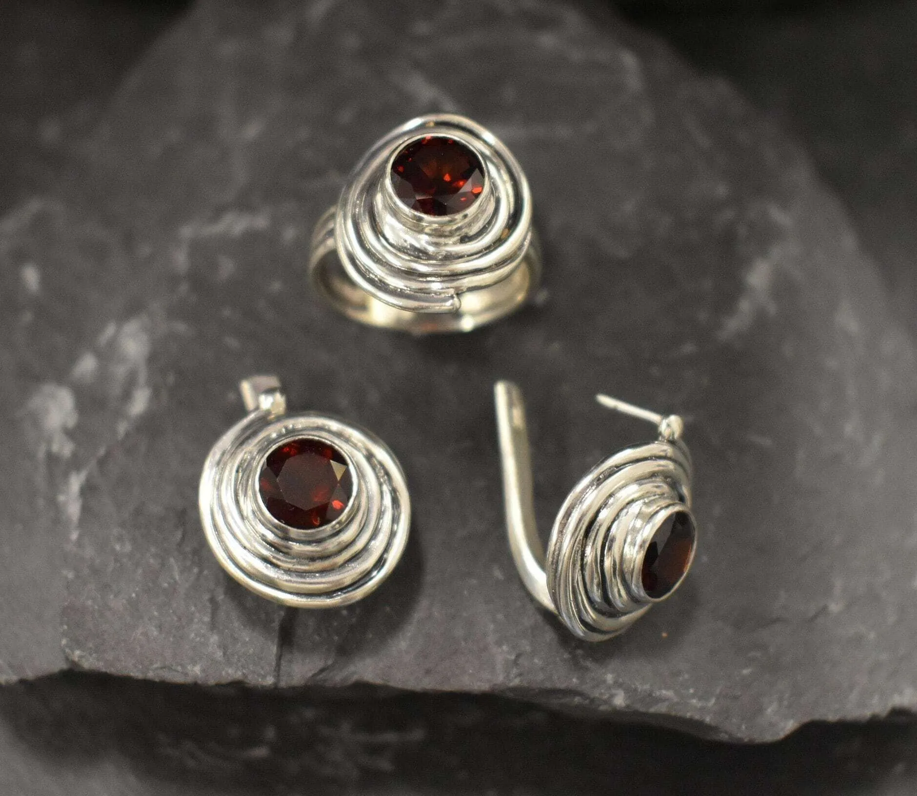 Genuine Garnet Earrings - Red Swirl Earrings - Large Spiral Studs