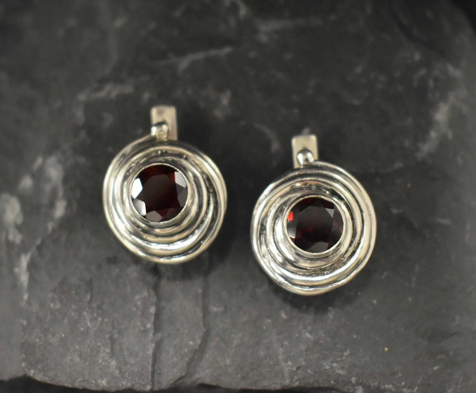 Genuine Garnet Earrings - Red Swirl Earrings - Large Spiral Studs