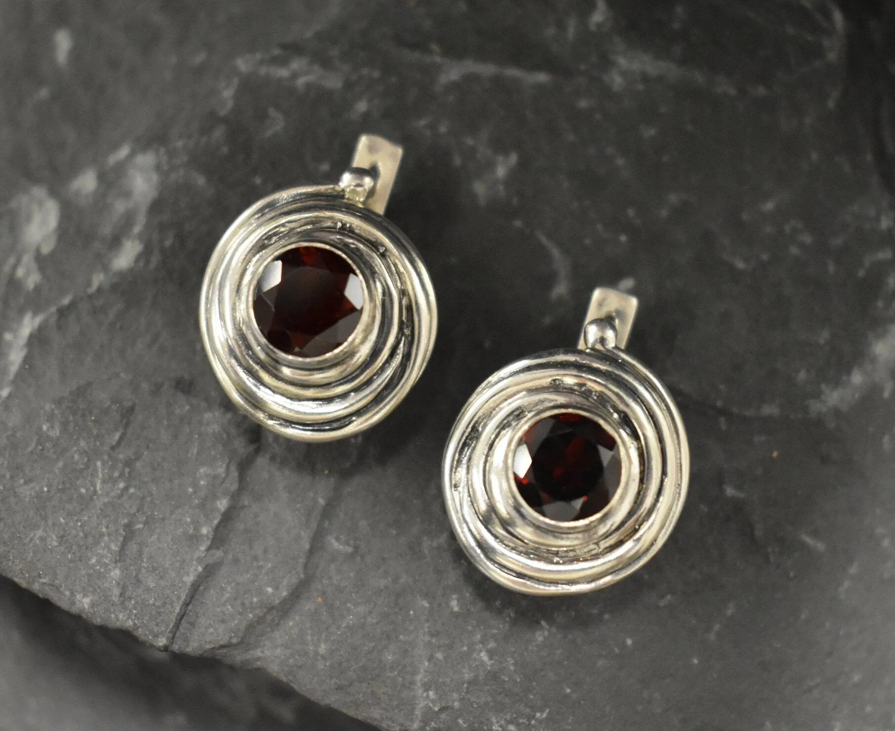 Genuine Garnet Earrings - Red Swirl Earrings - Large Spiral Studs