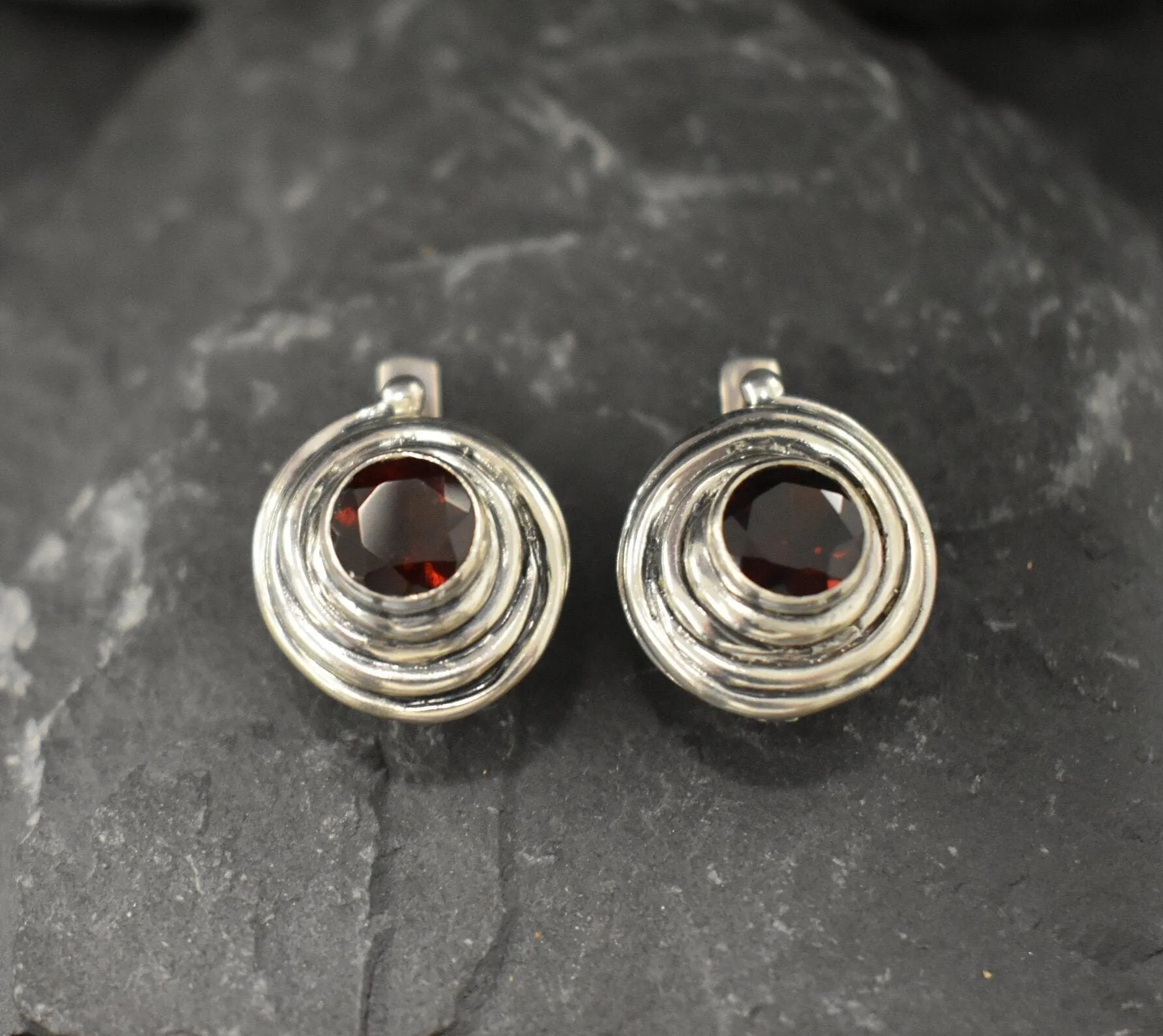 Genuine Garnet Earrings - Red Swirl Earrings - Large Spiral Studs