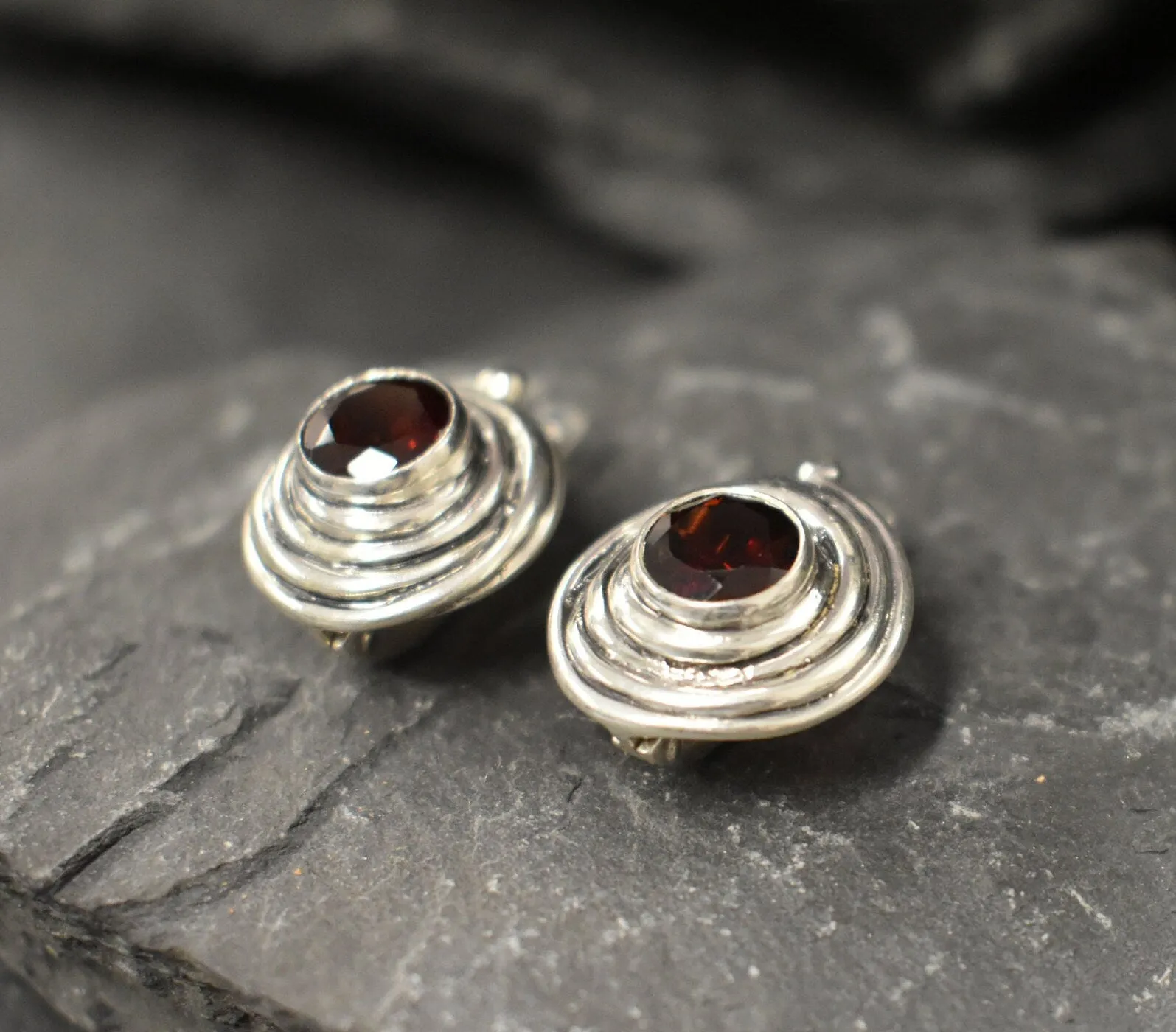 Genuine Garnet Earrings - Red Swirl Earrings - Large Spiral Studs