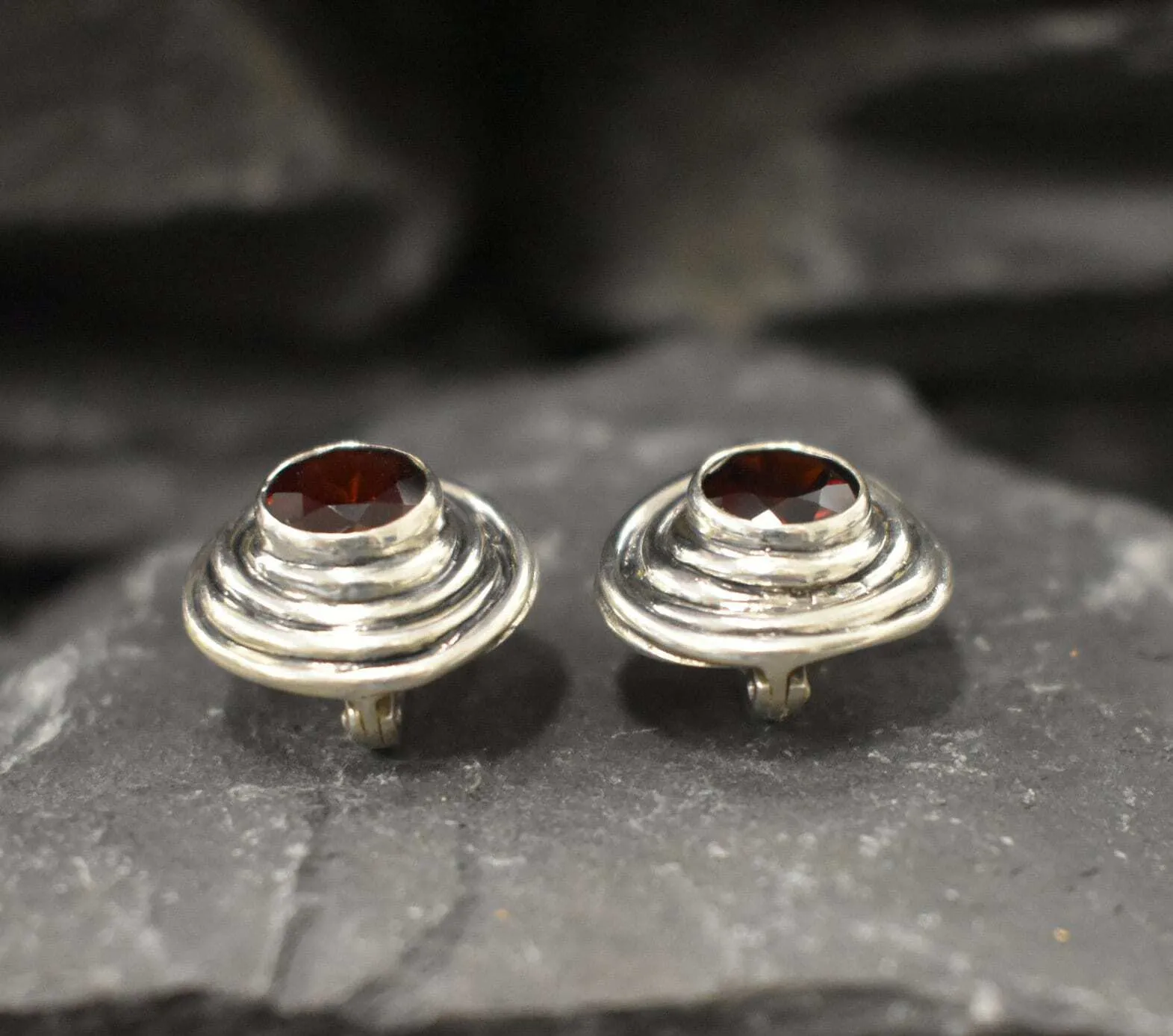 Genuine Garnet Earrings - Red Swirl Earrings - Large Spiral Studs