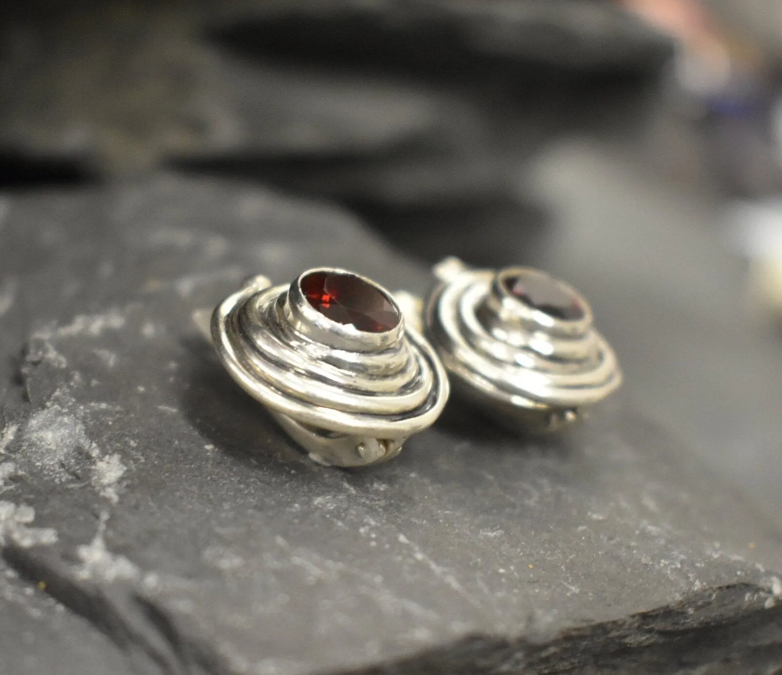 Genuine Garnet Earrings - Red Swirl Earrings - Large Spiral Studs