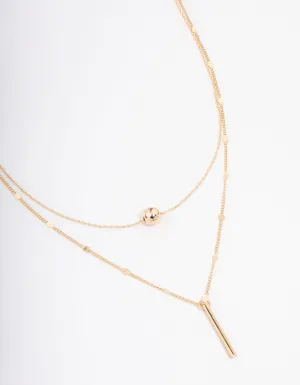 Gold Bar & Ball Double Chain Short Necklace