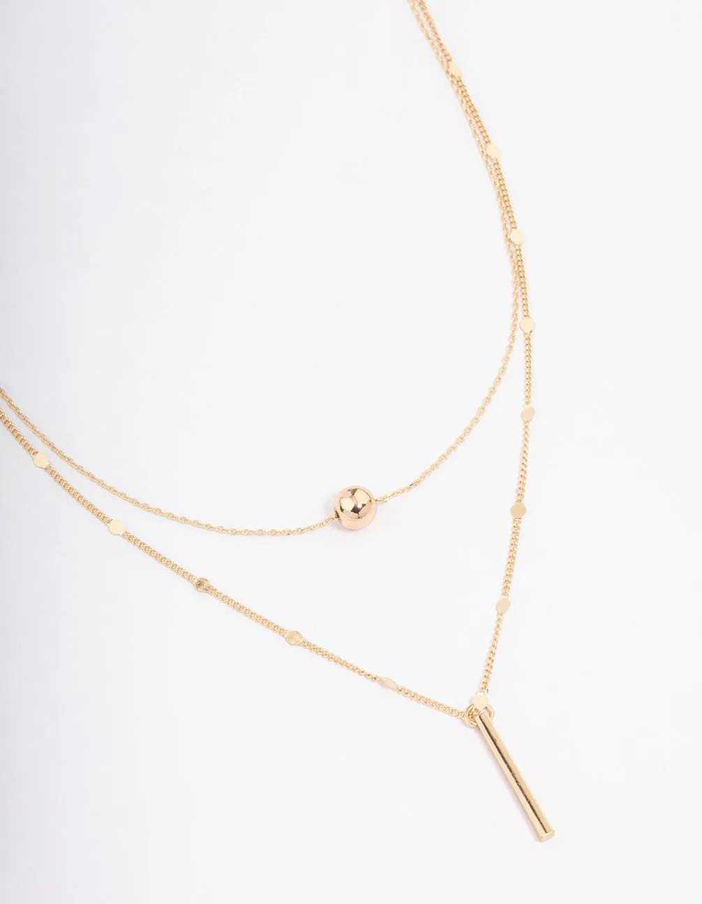 Gold Bar & Ball Double Chain Short Necklace