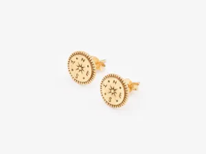 Gold Compass Earrings - Round Gold Studs - North Star Earrings