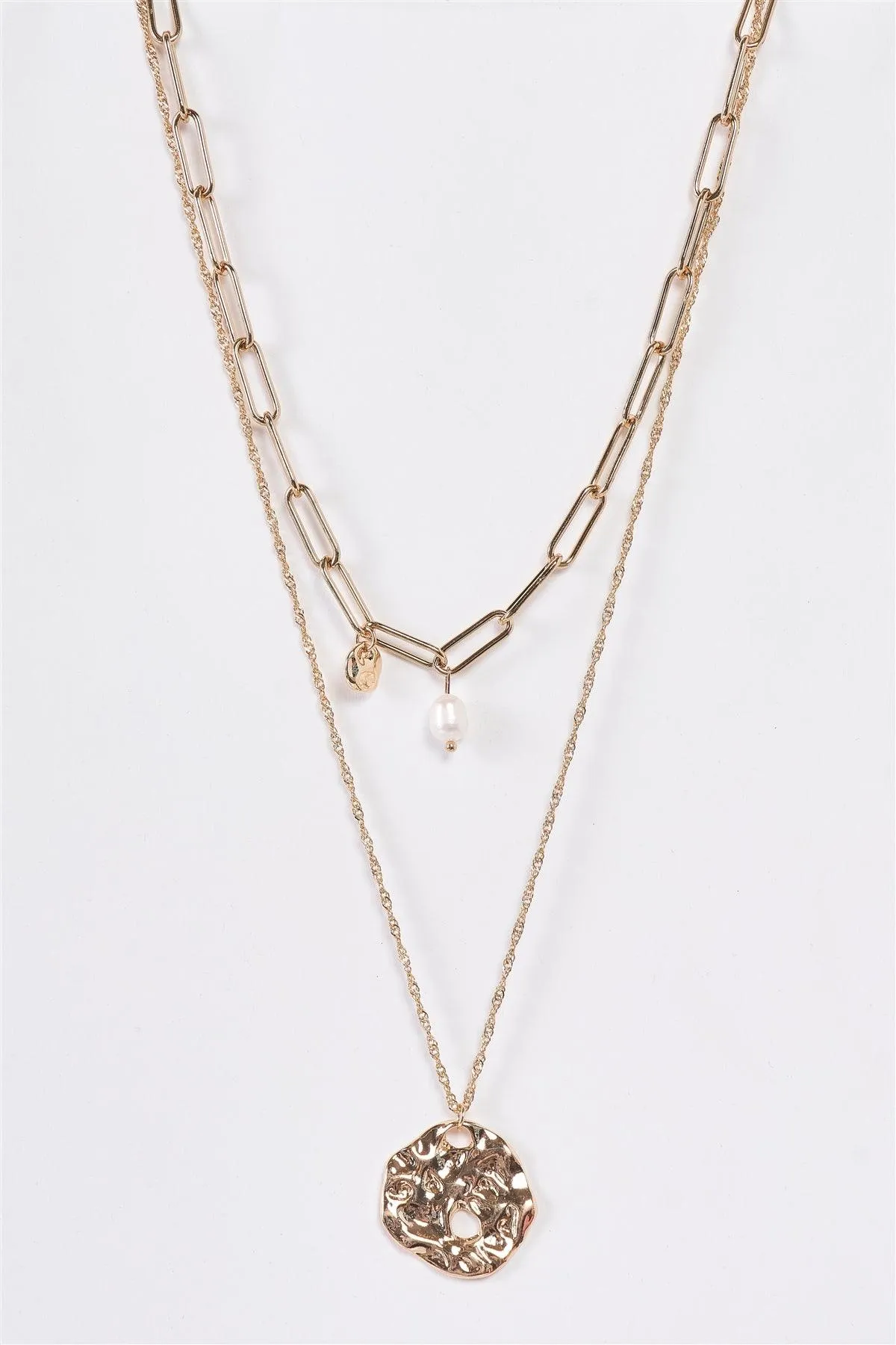 Gold Double Paperclip Twisted Chain Pearl Pendant Necklace