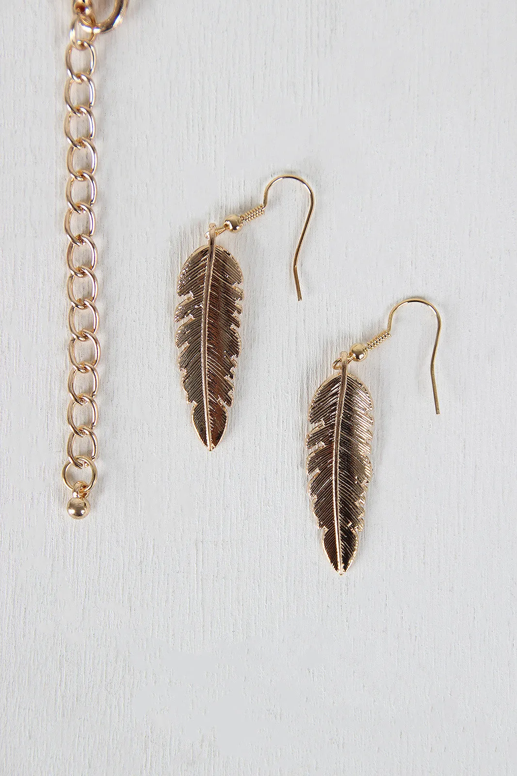 Gold Feather Bohemian Statement Necklace Set