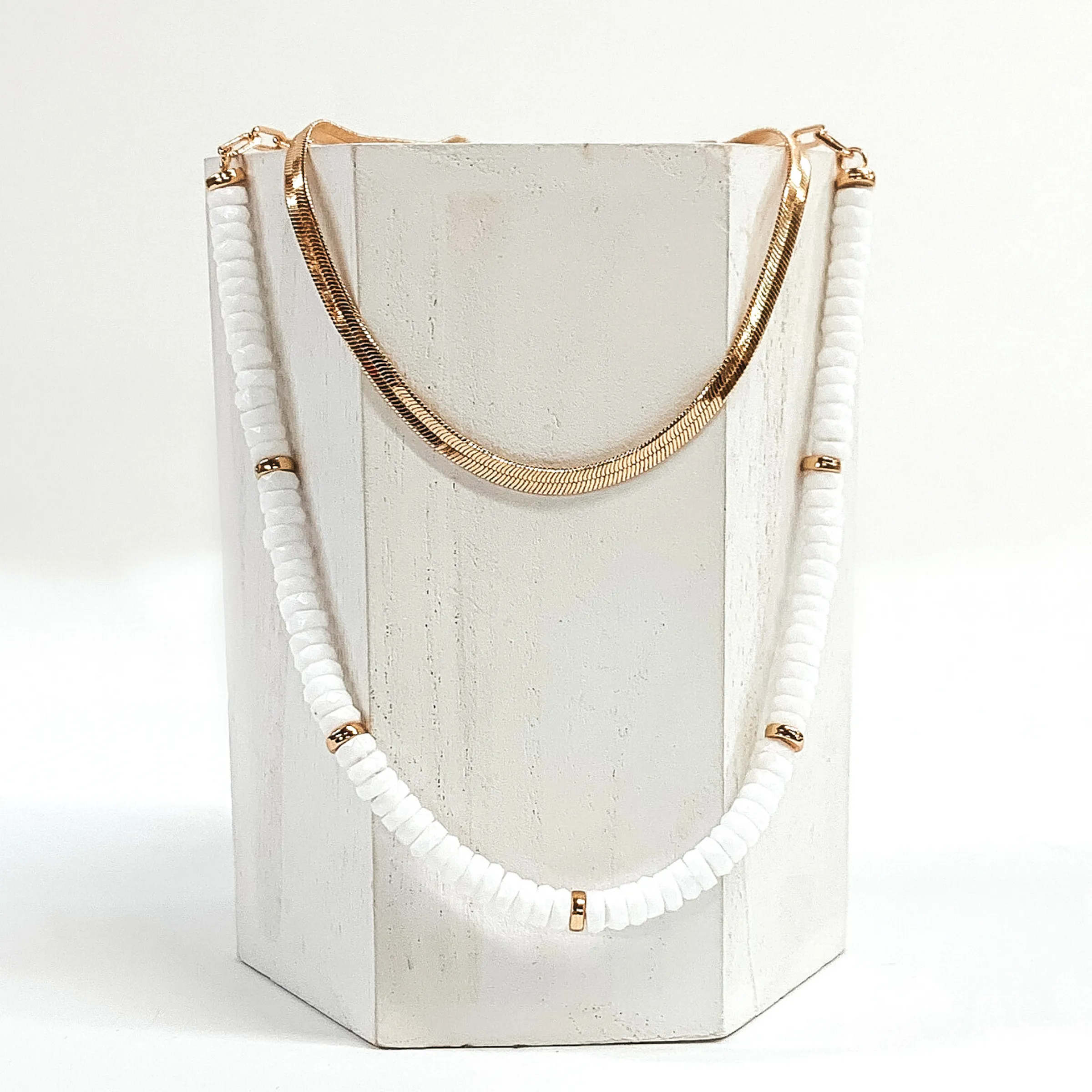 Gold Tone Herringbone Chain and Resin Beaded Layered Necklace in White