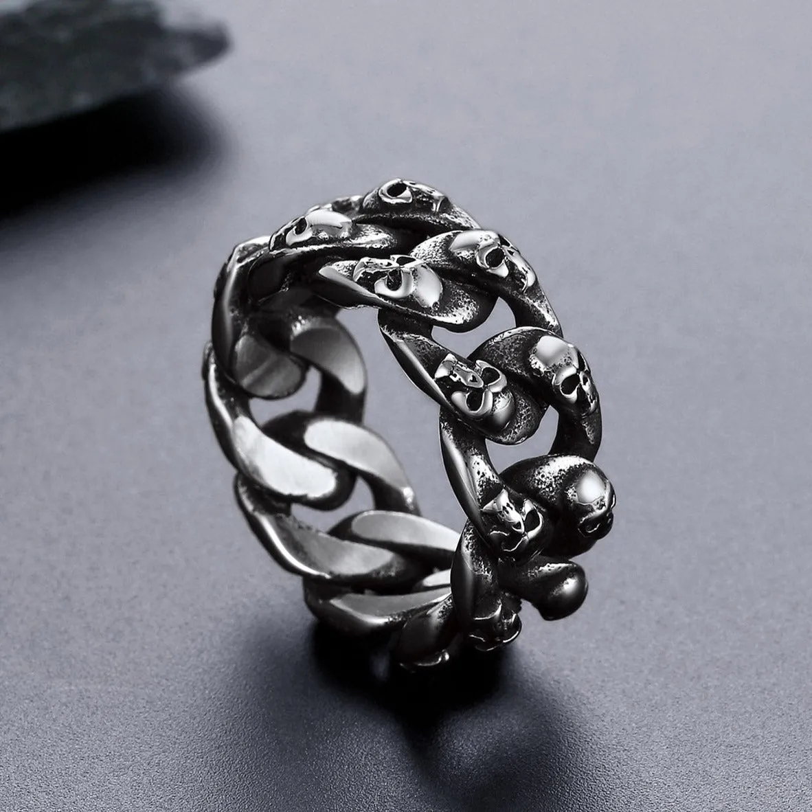 Gothic Chunky Chain Skull Ring for Men 10MM