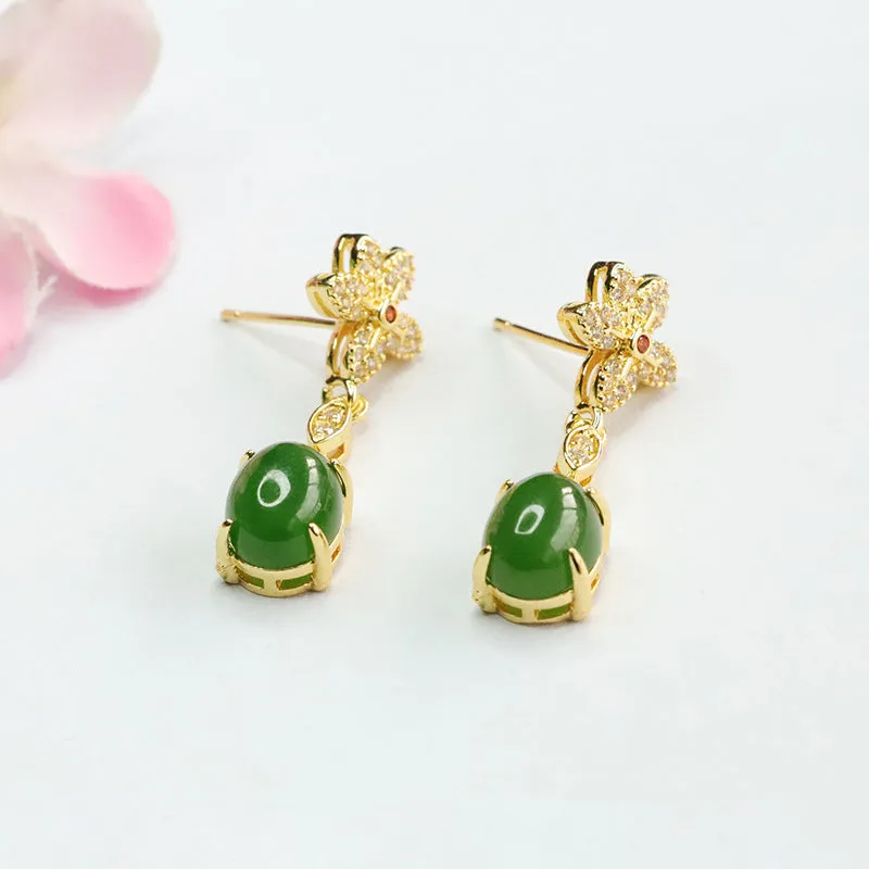 Green Jasper Flower Sterling Silver Earrings with Jade Accents