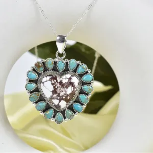 Heart Shaped Wild Horse & Turquoise Native American  925 Sterling Silver Pendant