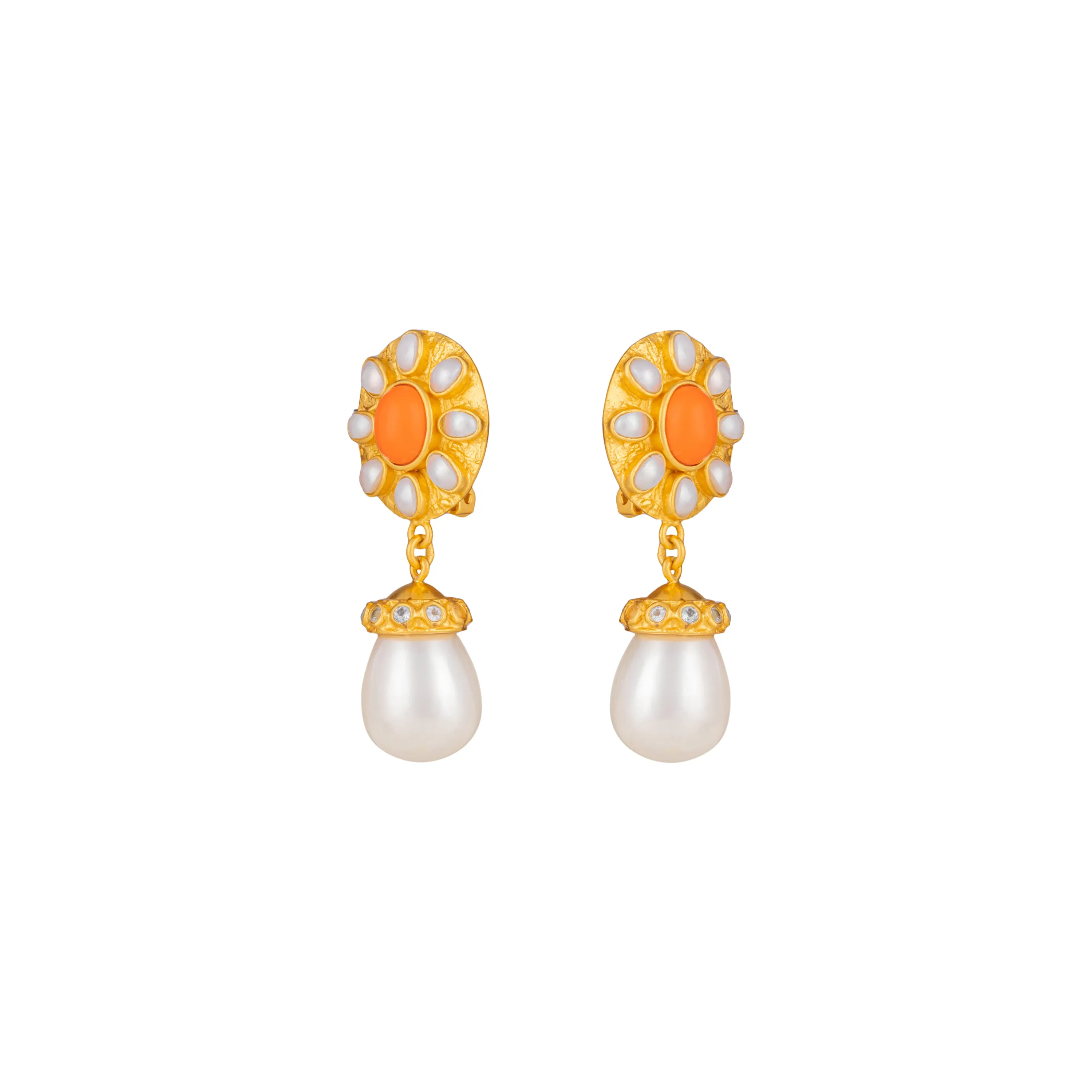 Heather Earrings Orange Coral, Crystal & Pearls