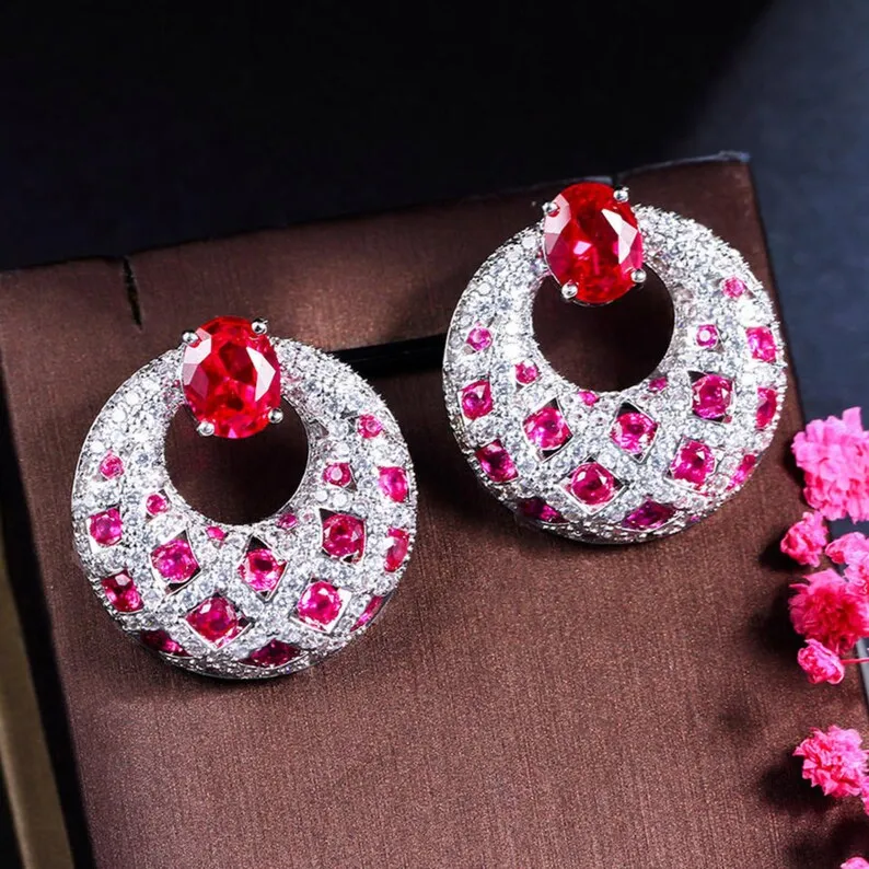 HIVAGI® Hot Royal Pink Red Cubic Zirconia Stone Earrings: Luxurious and Sparkling Party Wedding Jewelry.