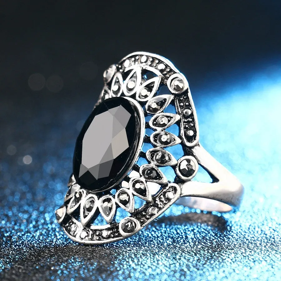 Hot Vintage Black Ring Plating Silver Tibet Alloy Jewelry Unusual The Vampire Diaries Fashion Turquoise Flower Rings For Women