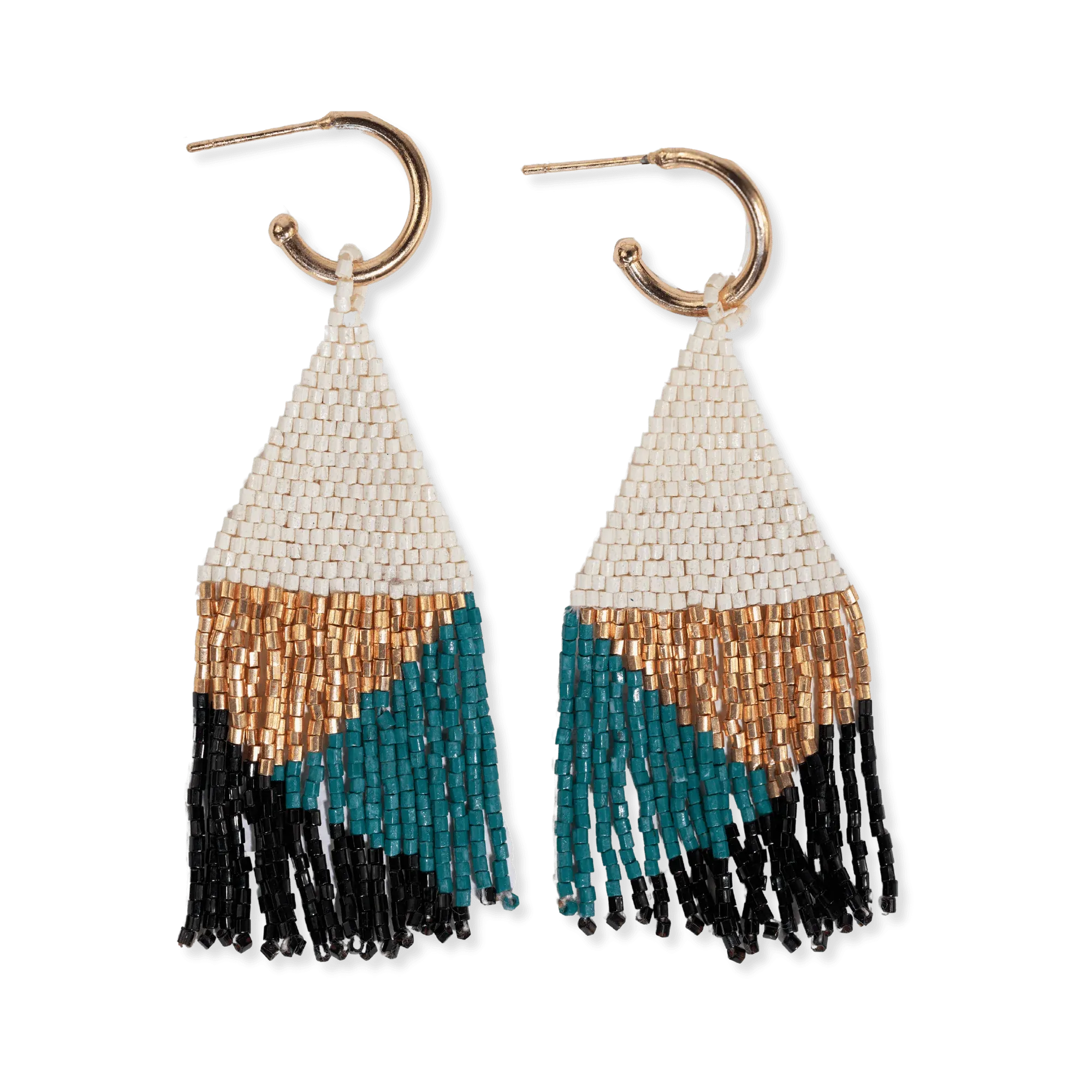 James Mini Gold Hoop Mixed Angles Beaded Fringe Earrings Teal