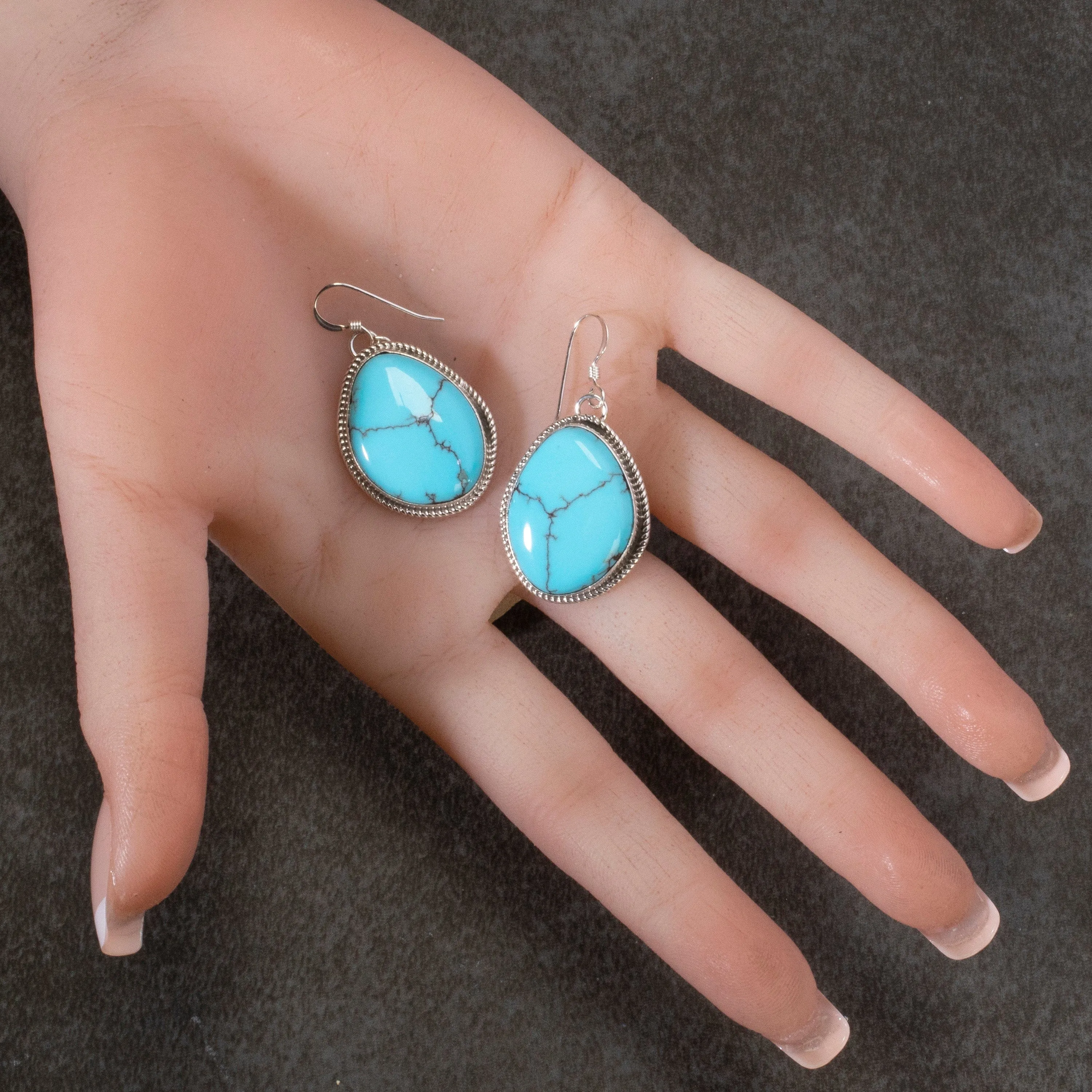 Kingman Turquoise USA Native American Made 925 Sterling Silver Dangly Earrings with French Hook