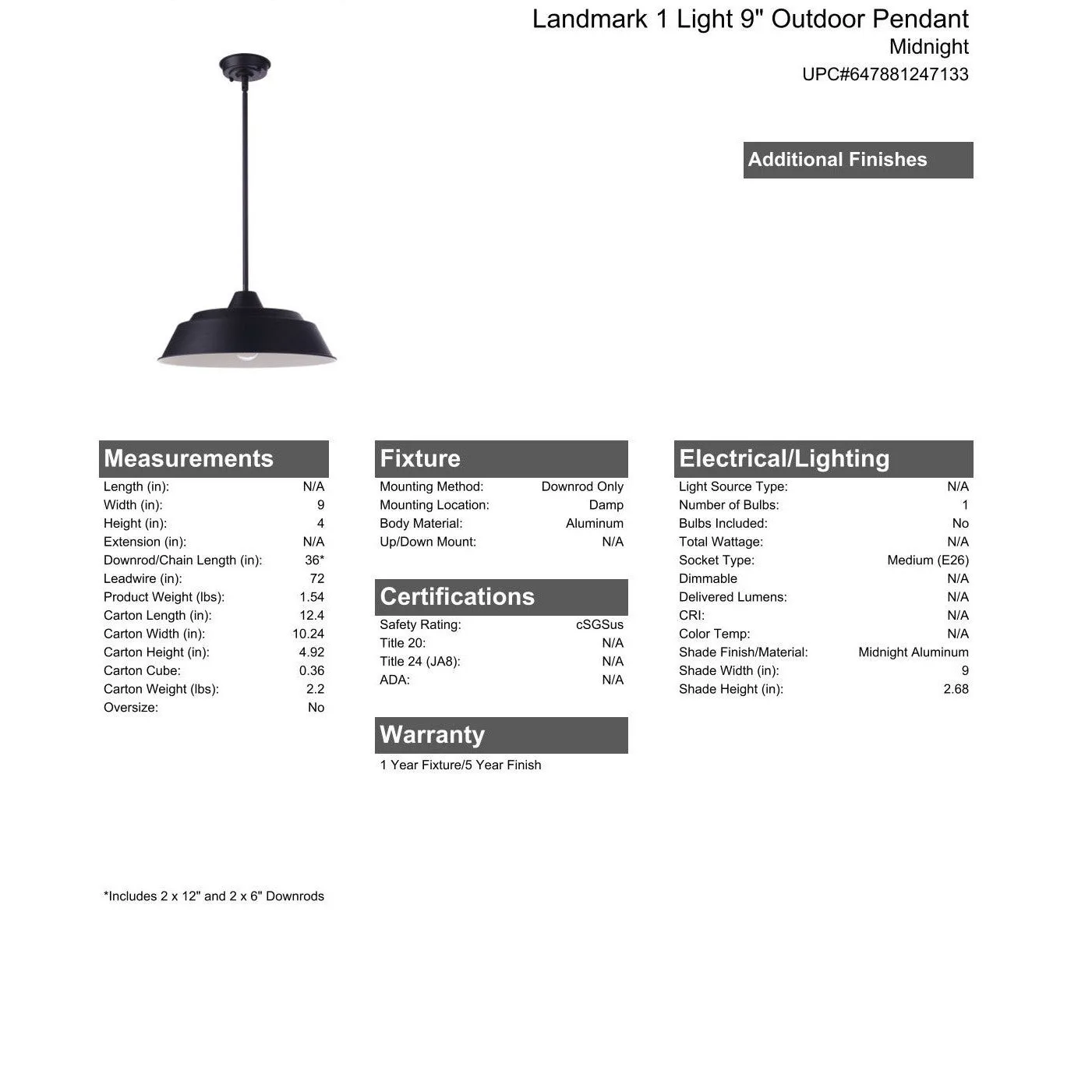 Landmark 1 Light 9" Outdoor Pendant in Midnight