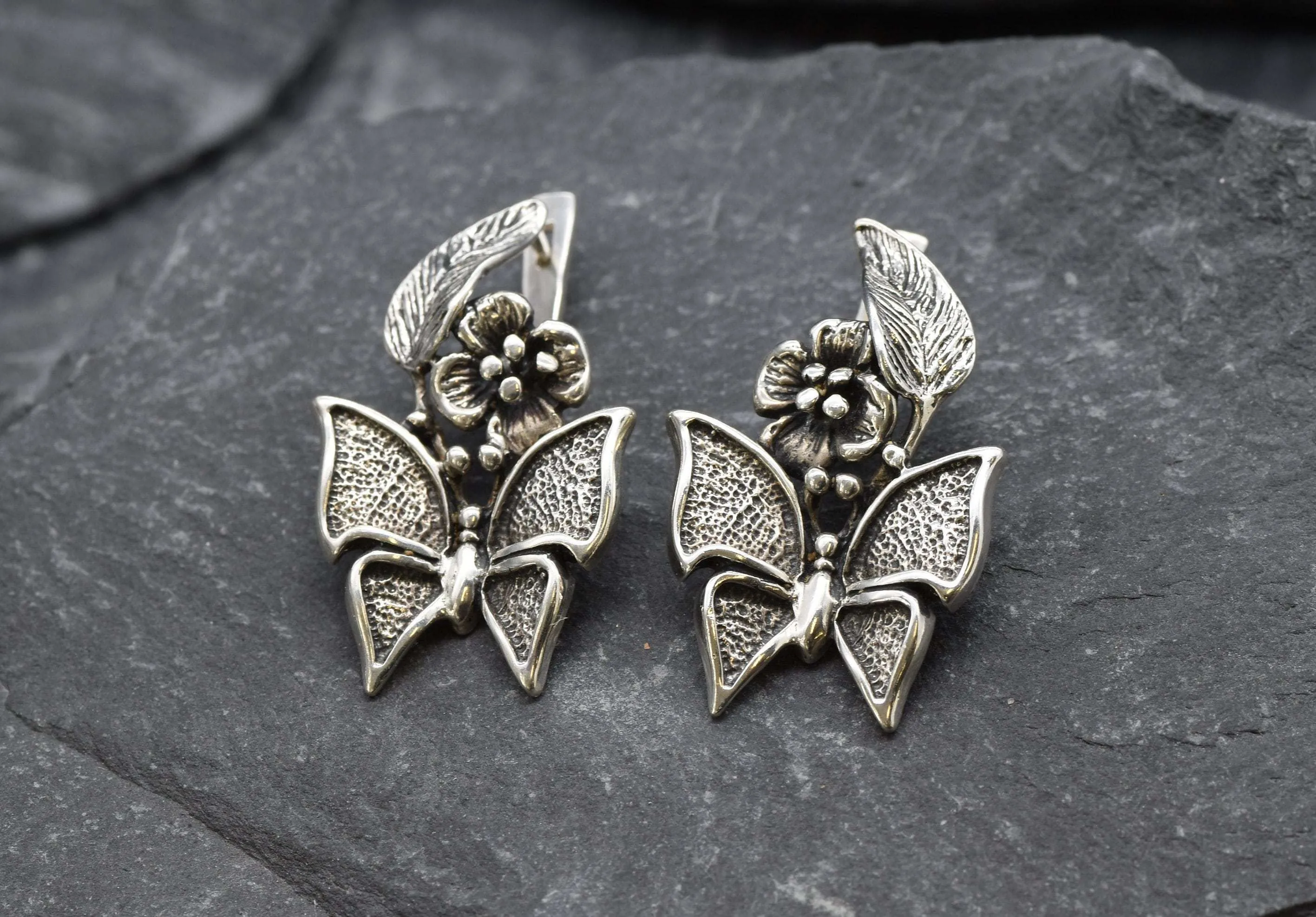 Large Butterfly Earrings - Floral Butterfly Silver Earrings - Vintage Butterfly Studs